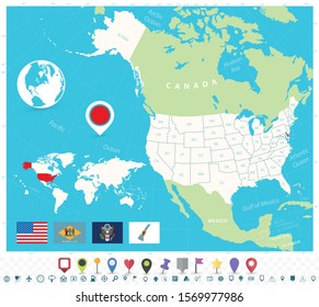 Location of Delaware on USA map with flags and map icons. Detailed vector illustration.