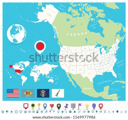 Location of Delaware on USA map with flags and map icons. Detailed vector illustration.