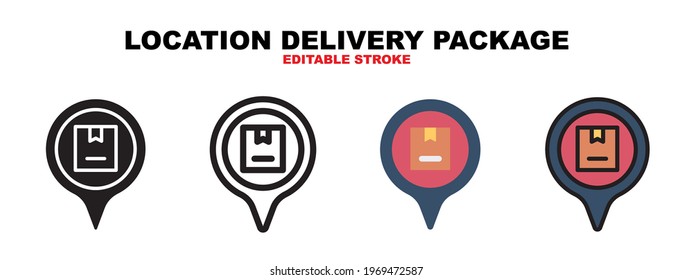 Location Delivery Package icon set with different styles. Icons designed in filled, outline, flat, glyph and line colored. Editable stroke and pixel perfect. Can be used for web, mobile, ui and more.