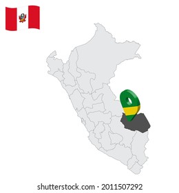 Location Department of Madre de Dios on map Peru. 3d location sign similar to the flag of Madre de Dios. Quality map  with  provinces Republic of Peru for your design. EPS10