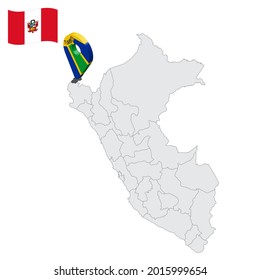 Location Department of  Tumbes on map Peru. 3d location sign similar to the flag of  Tumbes. Quality map  with  provinces Republic of Peru for your design. EPS10
