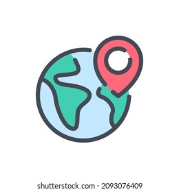 Location and destination color line icon. Earth globe with location pin vector outline colorful sign.