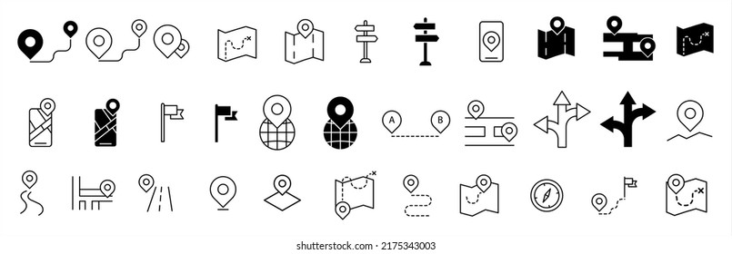 Iconos de ubicación y destino geo del mapa de viajes. Conjunto de iconos de navegación