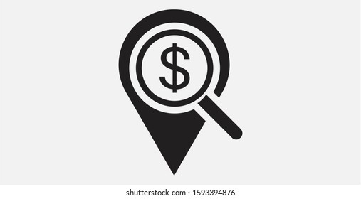 Location , Dollar and search icon. Looking for money. Search dollar money. Dollar with magnifying glass icon. Vector illustration icon