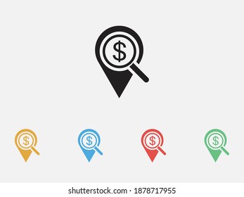 Location , Dollar and search icon. Looking for money. Search dollar money. Dollar with magnifying glass icon. Vector illustration icon