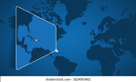 Location of Dominican Republic on the World Map with Enlarged Map of Dominican Republic with Flag. Geographical Vector Template for your design.