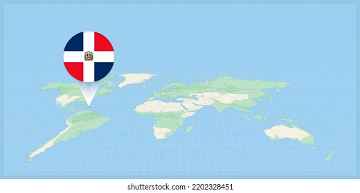 Location of Dominican Republic on the world map, marked with Dominican Republic flag pin. Cartographic vector illustration.