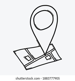 Icono del vector del doodle de ubicación. Línea dibujada a mano en la ilustración del esbozo de dibujo.