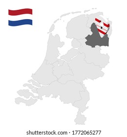 Location of Drenthe on map Netherlands. 3d location sign similar to the flag of Drenthe. Quality map  with  provinces of  Netherlands for your design. EPS10.