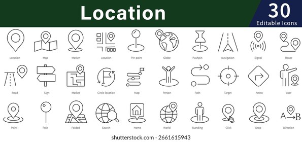 Location Editable Line Icons Set for Map, Navigation, GPS, and Geographic Positioning