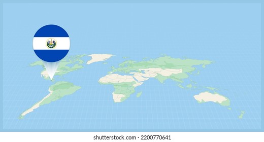 Location of El Salvador on the world map, marked with El Salvador flag pin. Cartographic vector illustration.