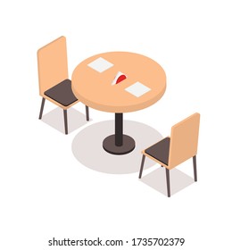 Location for embedding in the interior or use separately. A table for two persons with chairs. Vector isometric illustration on a white background.