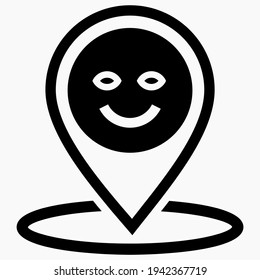 Location and emoticon icon. Review of the place. Point of GPS. Positive emoticon. Vector icon.