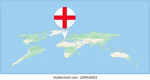 Location of England on the world map, marked with England flag pin. Cartographic vector illustration.