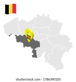 Lage von Eno auf Karte Belgien. 3D-Ortszeichen ähnlich der Flagge von Eno. Qualitätsplan mit belgischen Provinzen für Ihr Design. EPS10.