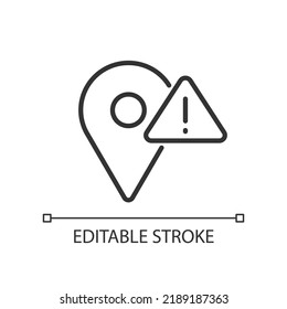 Location error pixel perfect linear icon. Navigation system failure. Can not find destination point. Thin line illustration. Contour symbol. Vector outline drawing. Editable stroke. Arial font used