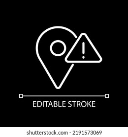 Location error white linear icon for dark theme. Navigation system failure. Address searching issue. Thin line illustration. Isolated symbol for night mode. Editable stroke. Arial font used