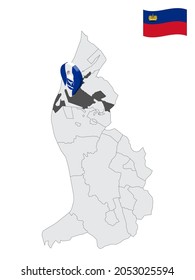 Location of Eschen on map Liechtenstein. 3d location sign similar to the flag of Eschen. Quality map  with regions  Principality of Liechtenstein for your design. EPS10.