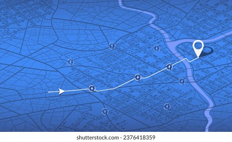 Location EV charging station location mark on gps navigation map a lot with fast supercharger station. Path turns and destination tag or mark. Huge city top view Tracking path, route. vector isometric