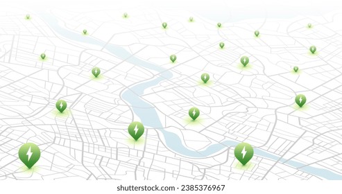 Ubicación de la estación de carga EV marca de ubicación en el mapa de navegación gps mucho con estación de supercargador rápido. Giros de ruta y marca o etiqueta de destino. Enorme camino de seguimiento de la vista superior de la ciudad, ruta. isométrico vectorial