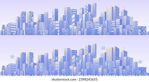 Location EV charging station location mark. Urban silhouette landscape. Abstract horizontal background cityscape. Panorama in frat style. City buildings of business district. Vector illustration