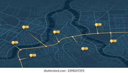 Location EV charging station location mark on gps navigation map. POI fast supercharger station. Path turns and destination tag or mark. Huge city top view. Tracking path, route. vector isometric
