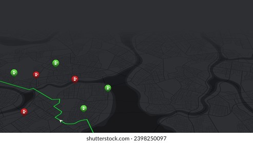Ubicación de la marca de posición de la estación de carga EV en el mapa de navegación gps. Estación de sobrecargador rápido POI. Giros de ruta y marca o etiqueta de destino. Enorme vista de arriba de la ciudad. Ruta de seguimiento, ruta. isométrico vectorial