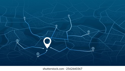 Location EV charging station location mark on gps navigation map a lot with fast supercharger station. Path turns and destination tag or mark. Huge city top view Tracking path, route. vector isometric