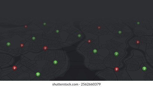 Location EV charging station location mark on gps navigation map. POI fast supercharger station. Path turns and destination tag or mark. Huge city top view. Tracking path, route. vector isometric