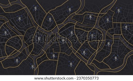 Location EV charging station location mark on gps navigation map a lot with fast supercharger station. Path turns and destination tag or mark. Huge city top view. Tracking path and route. vector