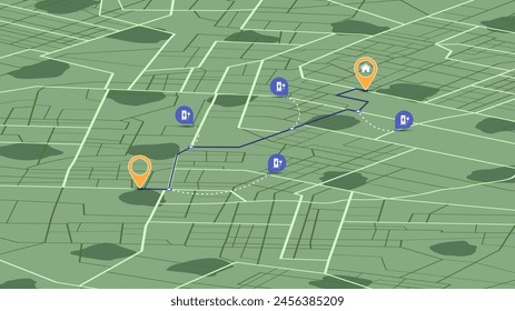 Location EV charging station location on route to home. Gps navigation map EV supercharger station. Path turns and destination tag or mark. Tracking path, route. Isometric vector illustration.