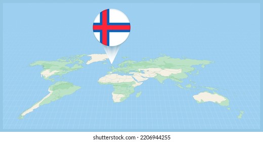 Location of Faroe Islands on the world map, marked with Faroe Islands flag pin. Cartographic vector illustration.