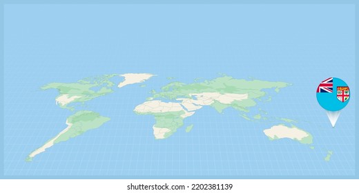 Location of Fiji on the world map, marked with Fiji flag pin. Cartographic vector illustration.