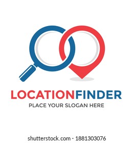 Location finder or searching vector logo template. This design use position and magnifying glass symbol. Suitable for gps, navigation and travel.
