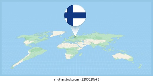 Location of Finland on the world map, marked with Finland flag pin. Cartographic vector illustration.