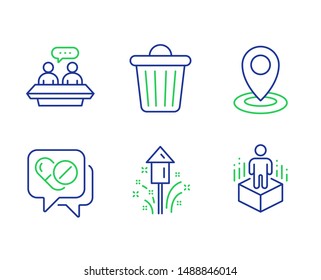 Location, Fireworks and Medical drugs line icons set. Employees talk, Trash bin and Augmented reality signs. Map pointer, Christmas pyrotechnic, Medicine pills. Collaboration. Science set. Vector