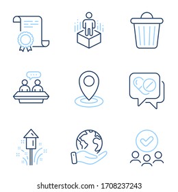 Location, Fireworks and Medical drugs line icons set. Diploma certificate, save planet, group of people. Employees talk, Trash bin and Augmented reality signs. Vector