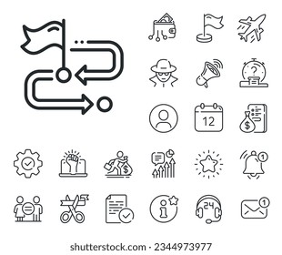 Location flag sign. Salaryman, gender equality and alert bell outline icons. Travel path line icon. Success symbol. Travel path line sign. Spy or profile placeholder icon. Vector