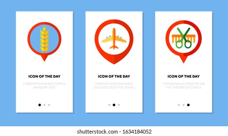 Location flat icon set. Map pointer, pin, airport, barbershop isolated sign pack. Navigation, gps, direction concept. Vector illustration symbol elements for web design