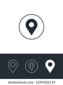 Location flat icons. Map pin outline and solid symbols on black and white backgrounds.