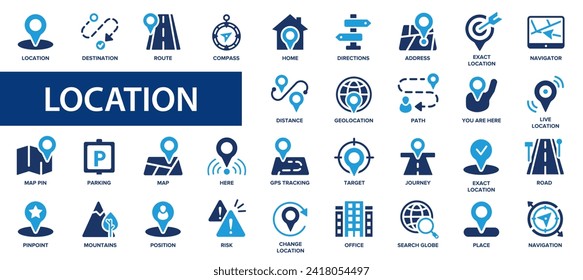 Location flat icons set. Navigation and map pointer symbols. Address, gps, destination, directions, distance, place, point, mark. Flat icon collection.