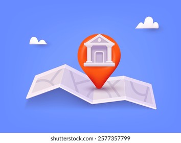Location folded map and pin with bank icon. Banking app isolated cartoon vector illustrations set. 3D Web Vector Illustrations.
