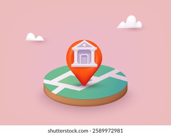 Location folded map and pin with bank icon. Banking app isolated cartoon vector illustrations set. 3D Web Vector Illustrations.