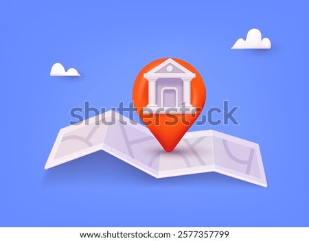 Location folded map and pin with bank icon. Banking app isolated cartoon vector illustrations set. 3D Web Vector Illustrations.
