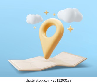 Location folded paper map, cloud and Navigation pin . GPS and Navigation Symbol. Element for Map, Social Media, Mobile Apps. 3D Vector Illustrations.