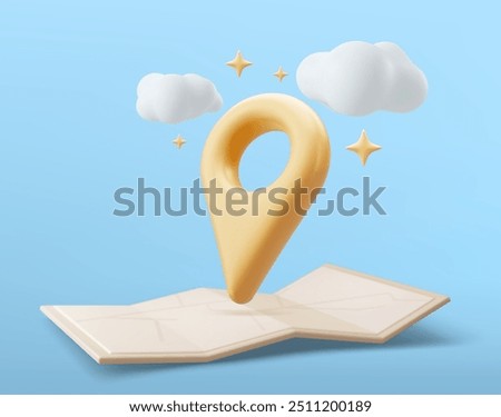 Location folded paper map, cloud and Navigation pin . GPS and Navigation Symbol. Element for Map, Social Media, Mobile Apps. 3D Vector Illustrations.