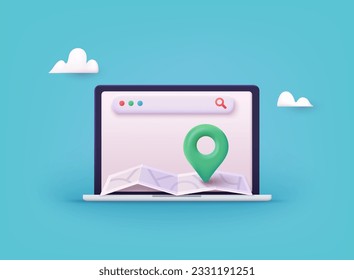 Location folded paper map, search bar and pin isolated. GPS and Navigation Symbol. Element for Map, Social Media, Mobile Apps. 3D Web Vector Illustrations.