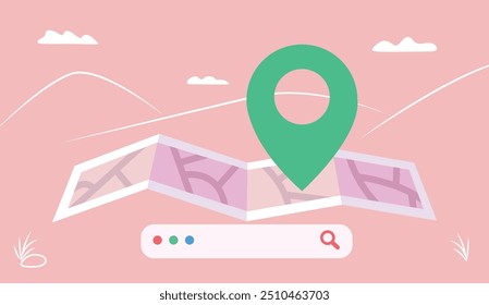 Carte papier pliée de localisation. barre de recherche et emplacement des broches. ILLUSTRATION VECTORIELLE des symboles GPS et de navigation.