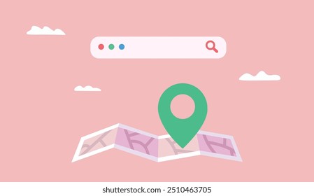 Location folded paper map. search bar and pin location. GPS and Navigation Symbol vector illustration.