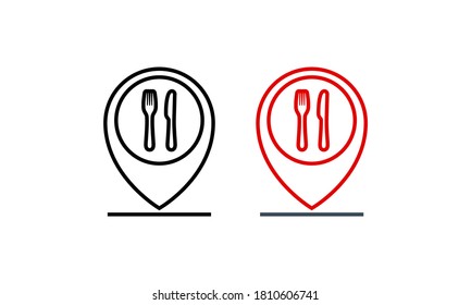 Location food logo. Public catering point. Symbol restaurant address location. Pointer cursor with knife fork and spoon for map. Vector on isolated white background. EPS 10